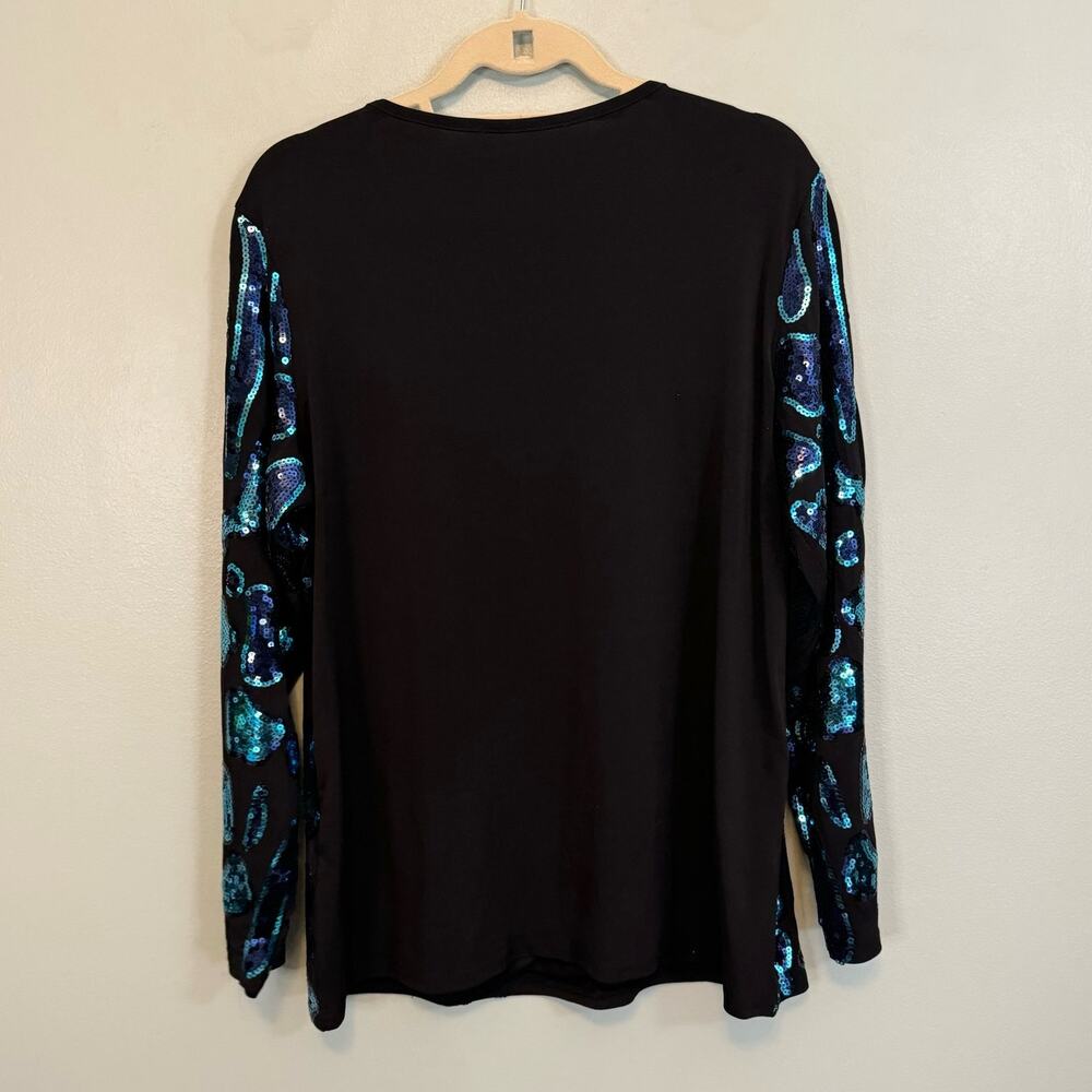 Joan Boyce Blouse Womens XL Black Blue Sequin Embellished Evening Comfy Stretch - Picture 2 of 6